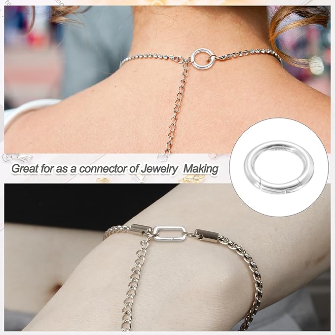 PATIKIL 14.5mm 925 Sterling Silver Spring Gate Rings, 2Pcs Round Spring Clasps Necklace Enhancer Shortener Closures Connector for Jewelry Making Necklaces DIY, Silver Tone