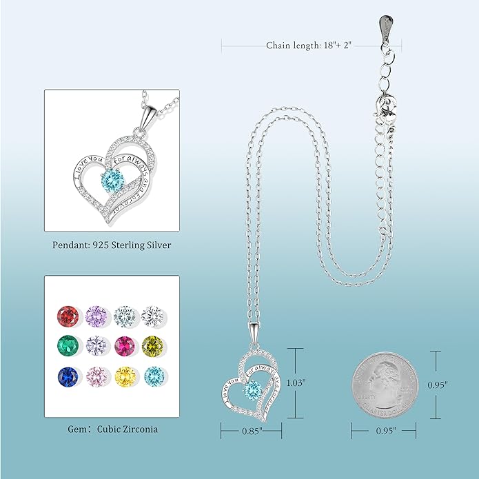LynChoe Birthday Gifts Double Heart Birthstone Necklace for Women, S925 Sterling Silver Pendant Necklace Jewelry for Her Mother Mom Wife Girlfriend