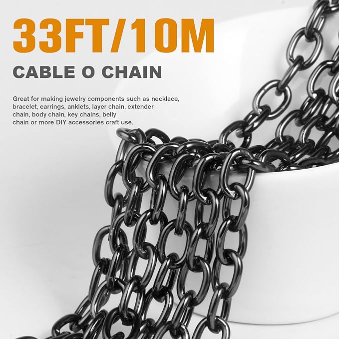 33 Feet Black Rolo Cable Chains Roll, 7.5 MM Black Plated Aluminium Oval Cable O Links Chain Bulk Spool for Jewelry Making DIY Craft