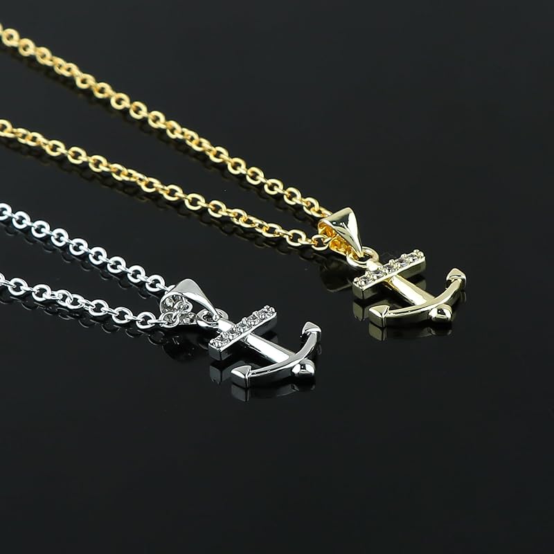 JOR Anchor Charm Pendant Necklace, CZ, Women Jewelry, Dainty Gold & Silver Plated Combo Chain 18 inch (Pack of 2)