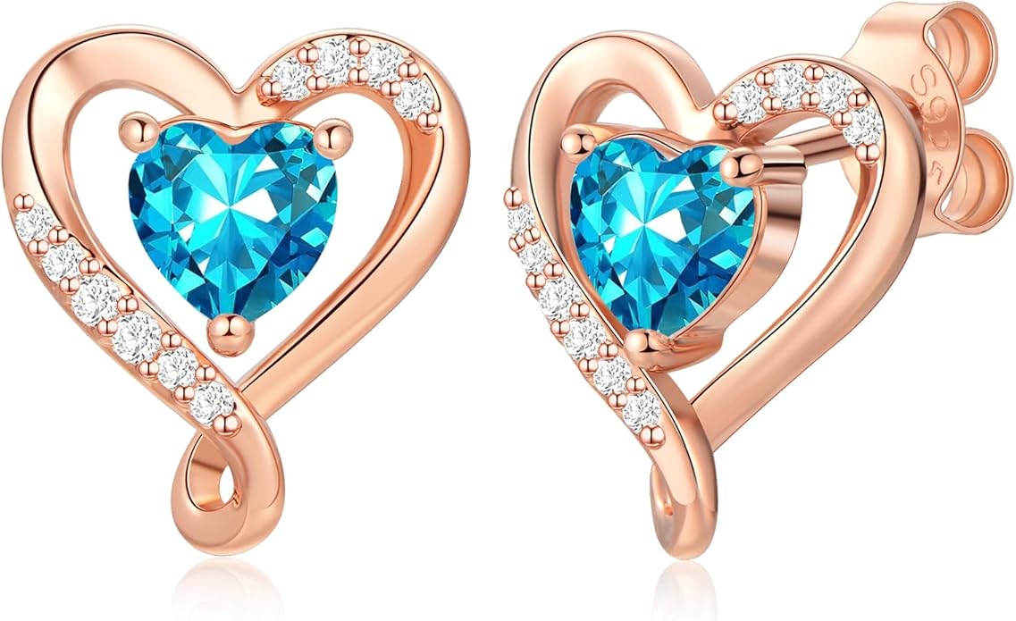 Zifeel Earrings for Women, S925 Sterling Silver Rose Gold Birthstone Heart Studs Earring for Girlfriend Wife, Anniversary Birthday Christmas Valentines Mothers Day Gifts Jewelry for Women Wife Her Mom