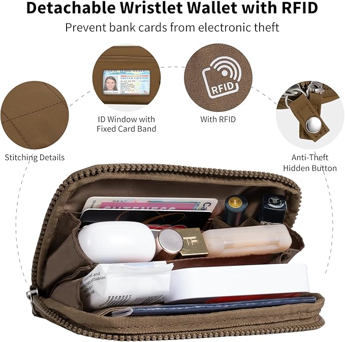 Clip and Go Strap for Phone with Wallet Crossbody Phone Lanyard with Anti-Theft Zipper Pouch Detachable Quilted Wrist Wallet with RFID and ID Window for Daily Travel. Brown Large
