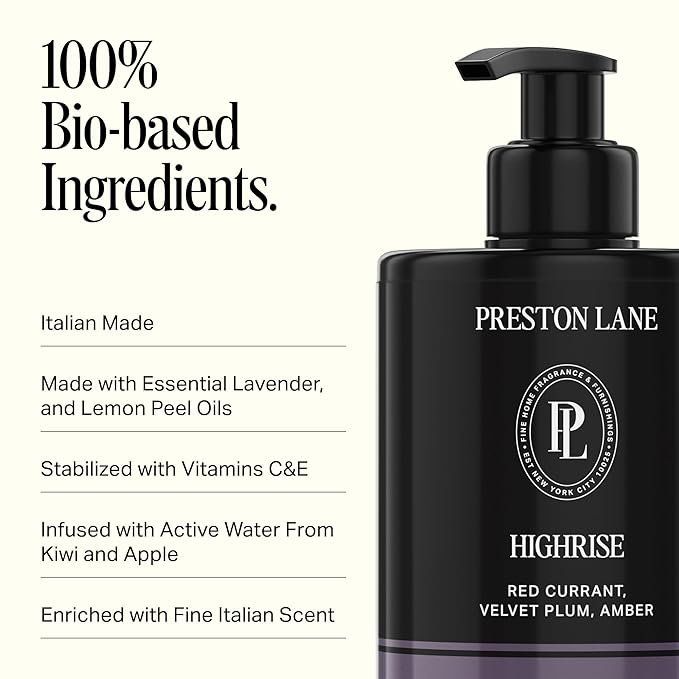 Preston Lane Luxury Hand Cream, Highrise Scent, Made in Italy | Hydrating Formula with Tea Tree, Lavender & Lemon Essential Oils, Hyaluronic Acid, Vitamins C & E, and Kiwi & Apple Water
