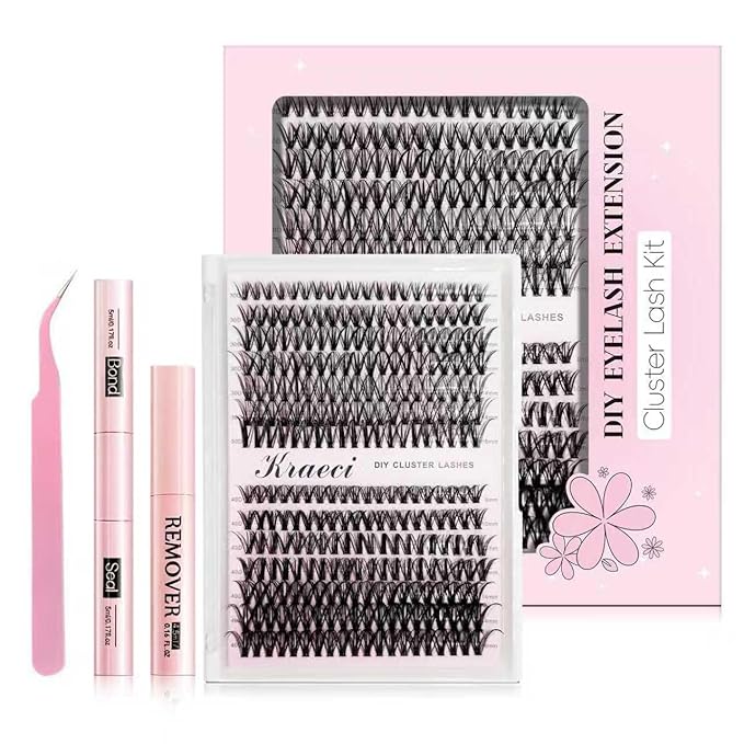 Kraeci Lash Extension Kit DIY with Adhesive Remover for Safe Removal, 280 Clusters 9-16mm, 30D/40D Volumes, Bond Glue, Sealant, Tweezers, Home Use Eyelash Starter Kit