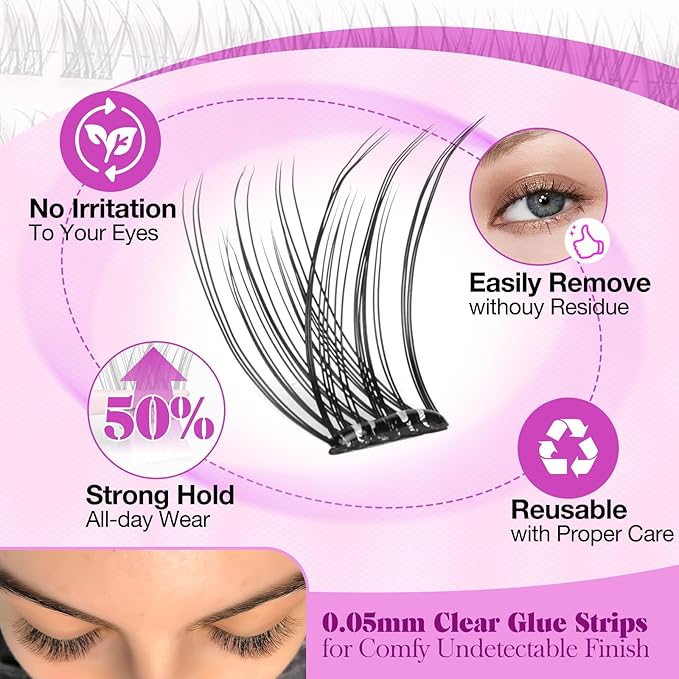 Yawamica Self Adhesive Lash Clusters Natural Press on Lashes Reusable Eyelash Clusters No Glue Needed 8-16mm Self Adhesive Eyelashes C Curl Individual Lashes DIY Lash Extension with Easy Application
