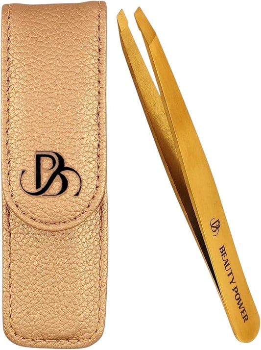 Beauty Power Professional Tweezers in Case - Slant, Durable Lightweight German Stainless Steel, Ultra Precision Tweezers for Eyebrows, Facial Hair, Chin, and Ingrown Hair Removal - Gift (Gold)