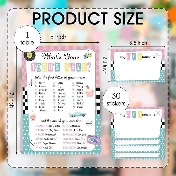 What's Your 1950's Name Game, 1 Double Sided Sign & 30 Sticker Cards, Retro Birthday Party Games for Kids & Adults, Perfect for 50's Sock Hop Themed Party Decorations,5x7 Inch