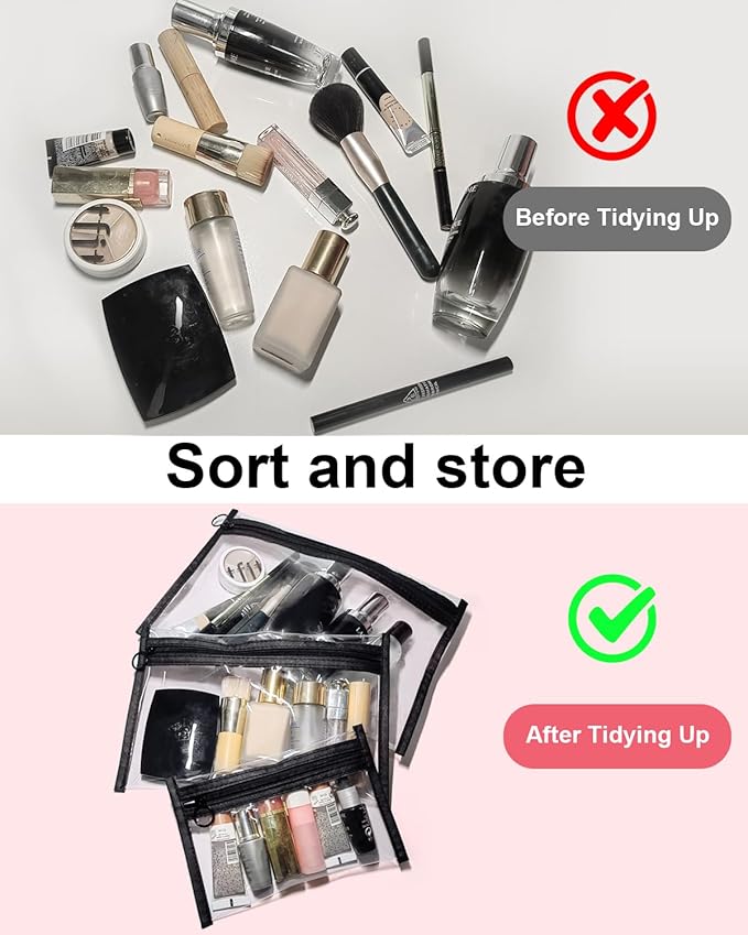 Clear Makeup Bags, 3 Pack Small Waterproof Cosmetic Toiletry Bags with Zipper, PVC Clear Travel Bags for Women and Men Travel Airport Organizing, Black