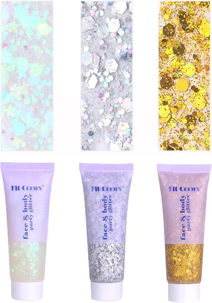 Face Body Glitter, Hair Glitter Sparkles Chunky Face Glitter Gel for Girls Makeup Singer Concerts Mermaid Festival Sequins Face Paint