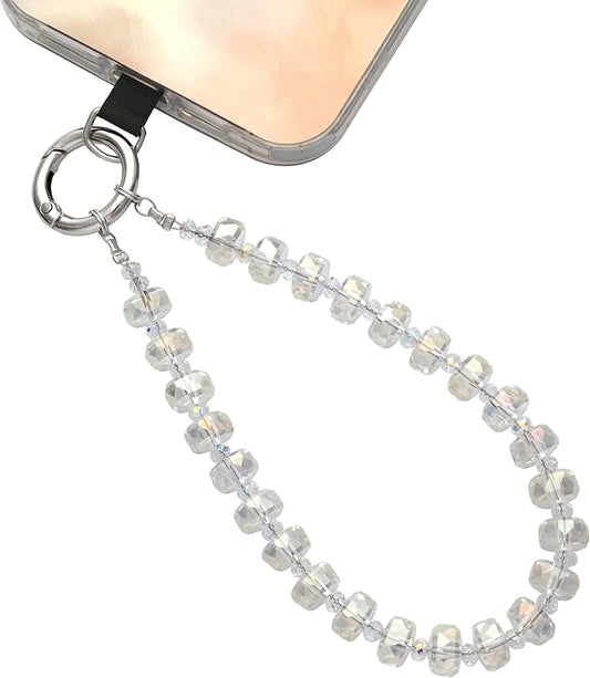 Crystal Beaded Phone Wrist Strap Glass Beads Bracelet Lanyard Crystal Chain Cell Phone Wristlet Strap for Women (Transparent)
