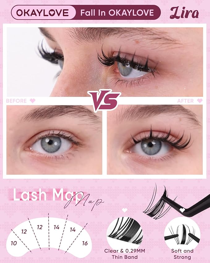 OKAYLOVE Manga Lash Clusters with Spikes, LIRA 8-18mm DIY Cluster Eyelash Extensions Kit, 140pcs CC Curl Clear Band Individual Lashes