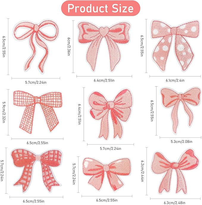 WILDREEDS 9 Pieces Bow Iron on Patches, Assorted Cute Bow Embroidered Sew on Patch for Clothing, T-Shirt, Backpacks, Hats, Jeans, Jackets