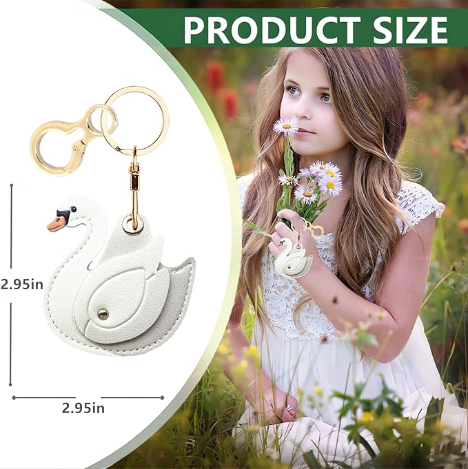 Leather Keychain Holder Case Compatible with AirTag,Cute Protective Cover with Keyring,Anti-Scratch Finder GPS Tracker Case for Wallet Keys,Bag,Pets(Swan White)