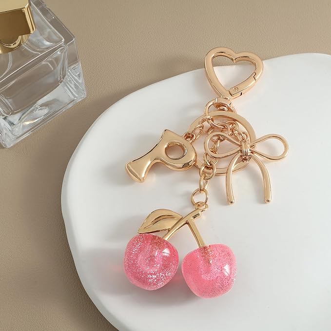 Snycler Bubble Initial Keychain with Cherry & Bow - Gold Letter Bag Charms for Women, Cute Purse Handbag Accessories