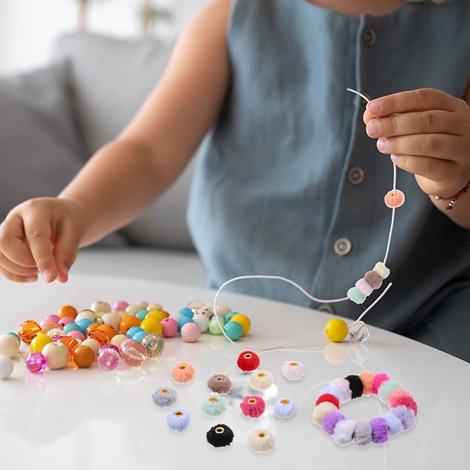 80PCS Pom Pom Beads 10 Color Soft Puff Bead Mixed Fluffy Fuzzy Bead Faux Fur Poms Spacer Beads for Bracelets Jewelry Making Keychains Pens Earrings Garland Headband DIY Crafts Gifts Accessories