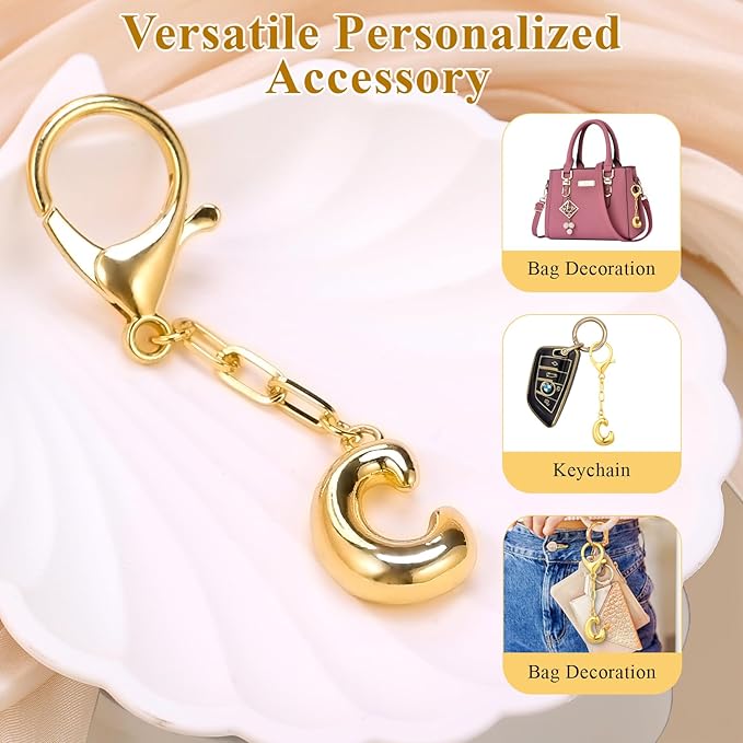 VICKHU Gold Plated Bubble Initial Letter Cute Keychain for Women Car Key Purse Decorative Keyring Handbag Charms Fashion