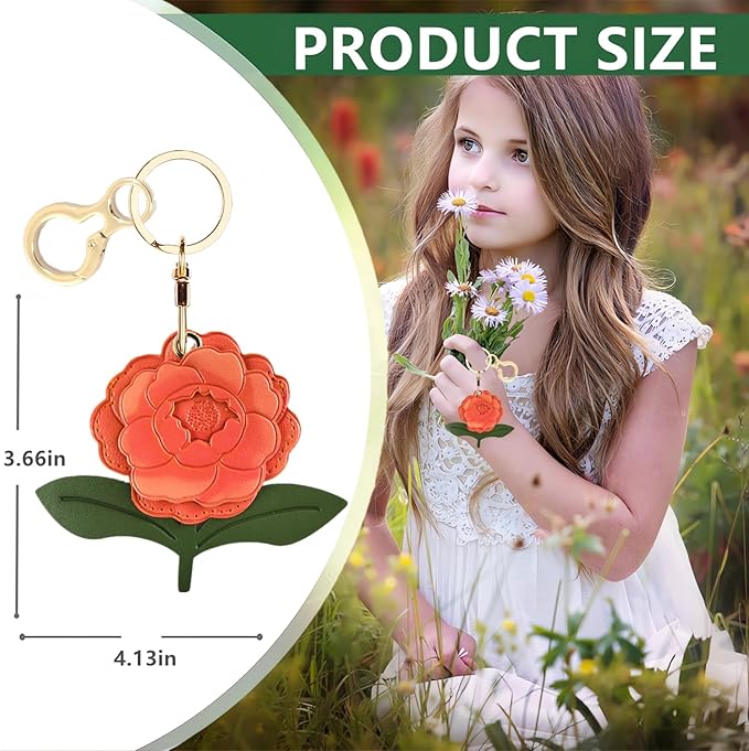 Leather Keychain Holder Case Compatible with AirTag,Cute Protective Apple Air Tag Cover with Keychain Ring,Anti-Scratch Finder GPS Tracker Case for Wallet Keys,Bag,Pets(Red Peony)