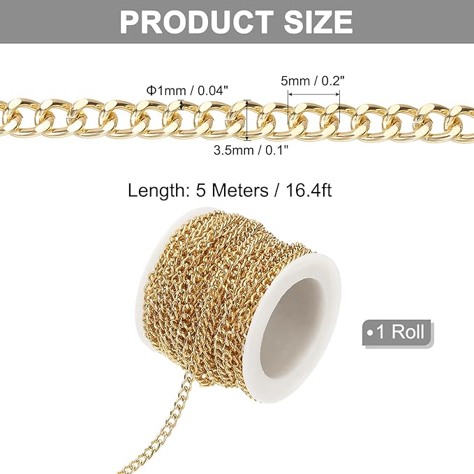 PATIKIL 16.4Ft Aluminium Curb Chains Twisted Links, 5x3.5mm Curb Chain Spool Jewelry Making Chains Craft Chain for Necklace Bracelet Earring, Gold