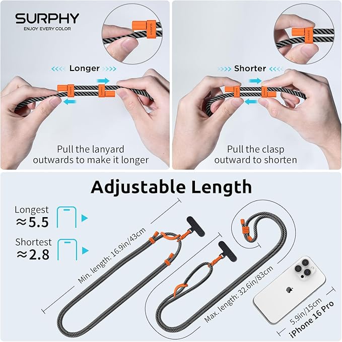 SURPHY Phone Lanyard, Adjustable Phone Strap Crossbody with 2 Pack Cell Phone Tether Tab, Premium Metal Buckles and Two-Color Braided Cell Phone Lanyard Crossbody for Women and Men, Black & Grey