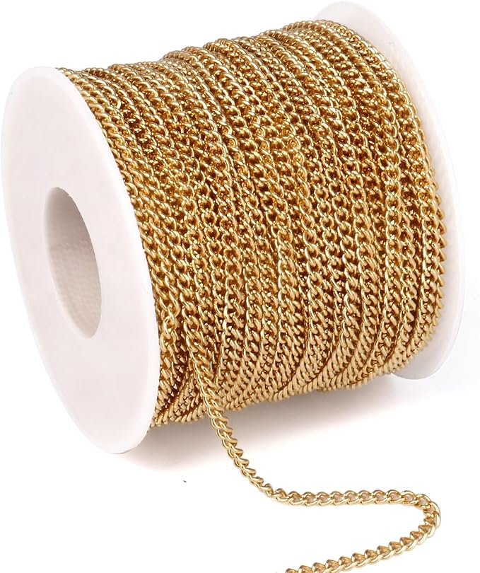 33 Feet 18K Gold PVD Plated Stainless Steel Curb Chain Bulk, 1.5mm 304 Stainless Steel Twisted Link Chains Roll Spool for Jewelry Making Necklace DIY Craft