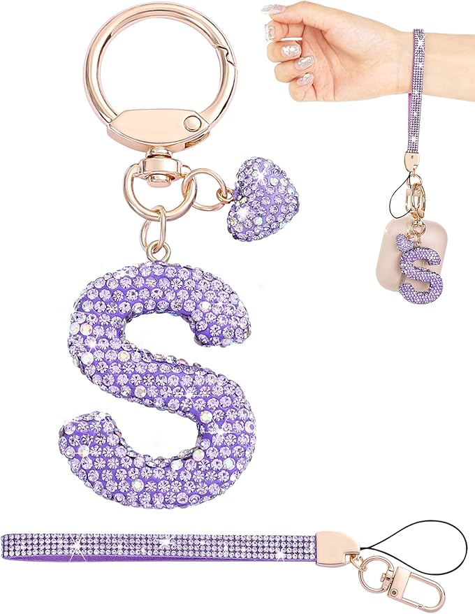 Initial Keychain for Women Girls,Bling Letter Key chain Initial with Heart,Pink Keychain Charms for Backpack Handbag