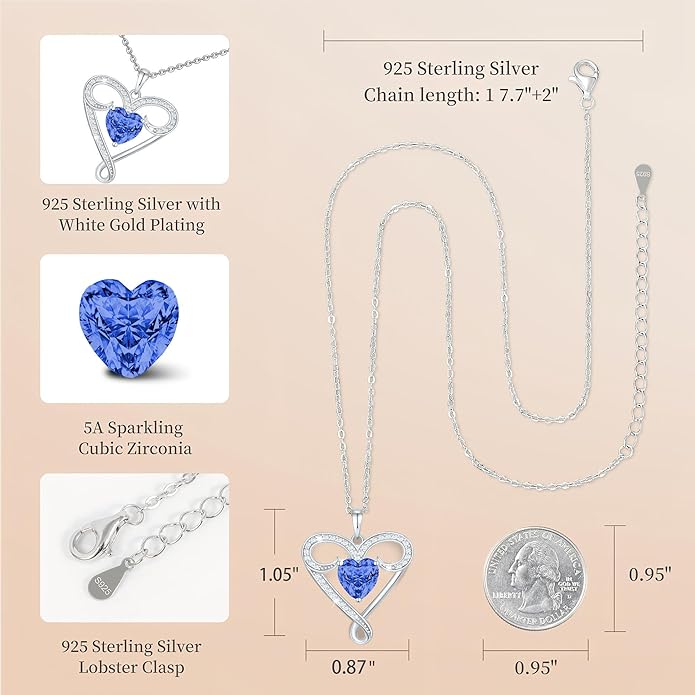 Yuelove Infinity Necklace for Women, 925 Sterling Silver Heart Necklace with 5A Zircon, White Gold Plated Adjustable Chain, Gift for Valentine's Day, Birthday, Anniversary for Wife, Girlfriend, Mom