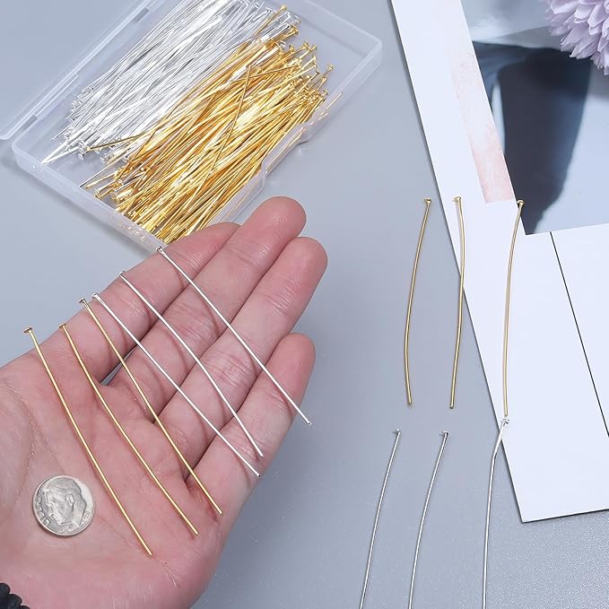 200 Pcs 70mm/2.76 Inch 21 Gauge Head Pins for Jewelry Making Straight Eye Ball Pin for DIY Christmas Styles Craft Earring Bracelet Necklace Pendant Making (Head Pins,Silver & Gold Color)
