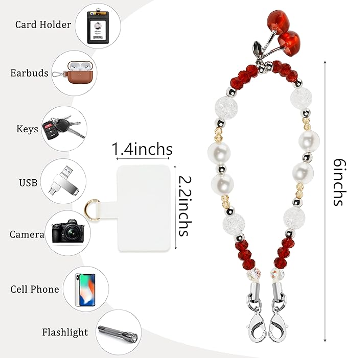 Marble Beaded Phone Wrist Strap,Detachable Phone Bracelet Strap with Tether Tab,Hands-Free Wristlet Strap (Red Cherry)