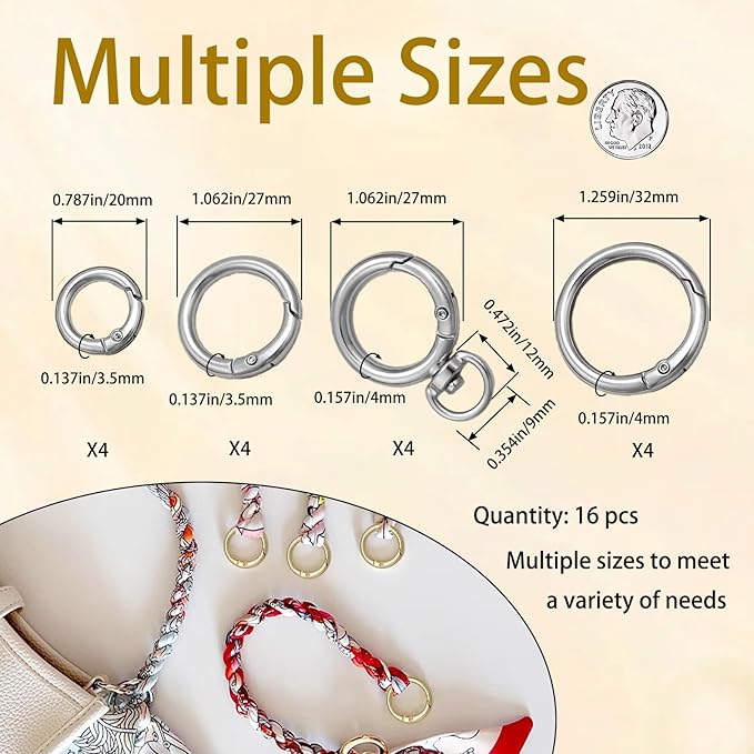 16PCS Metal Spring O Ring Set, Mixed Sizes Round Carabiner Keychain Snap Hooks for Key Rings, Bags, Dog Tags, Buckle, Paracord, Lanyards, and DIY Repair Crafts (Silver)