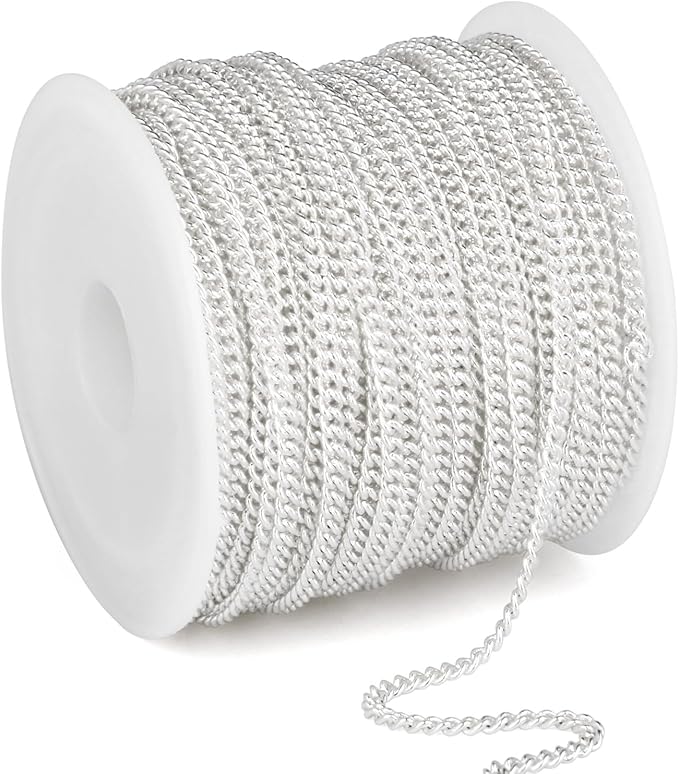 33 Feet Silver Curb Chains Bulk, 1.5mm Silver Plated 304 Stainless Steel Twisted Link Chains Roll Spool for Jewelry Making DIY Craft