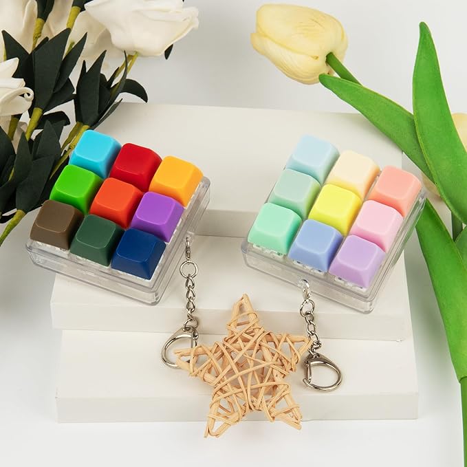 2 Pack 9 in 1 Keyboard Fidget Toy, Keyboard Fidget Keychain Anti-Stress Keyboard Decompression Button Finger Clicker Toys Stress Relief Fidget Gifts (Mix Bright)