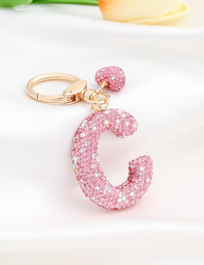 Initial Keychain for Women Girls,Bling Letter Key chain Initial with Heart,Pink Keychain Charms for Backpack Handbag