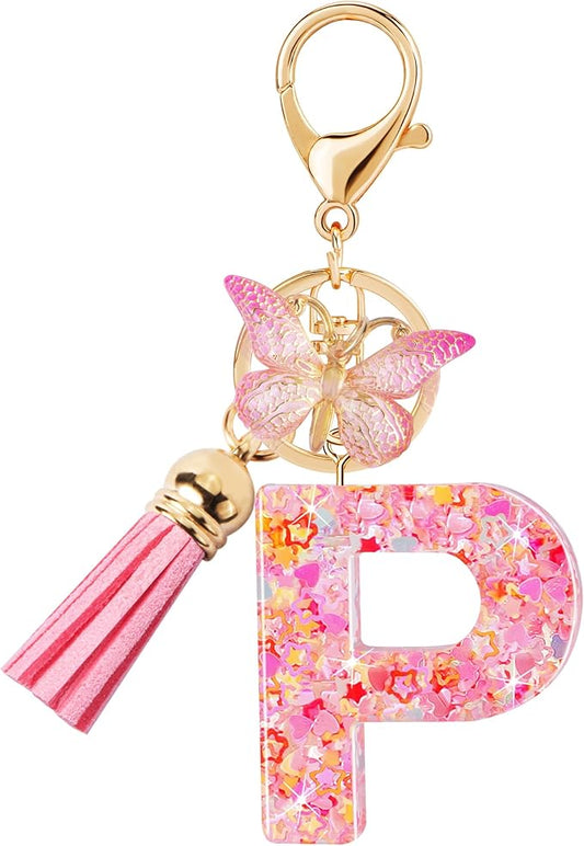 Initial letter Keychains for Women Girls Tassel Butterfly Cute Keychain for Wallet Backpack charm