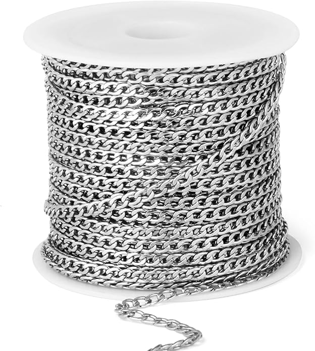 16.5 Ft Stainless Steel Curb Chains, 5mm 6mm 7mm 9mm Cuban Chain Roll Bulk for Jewelry Making