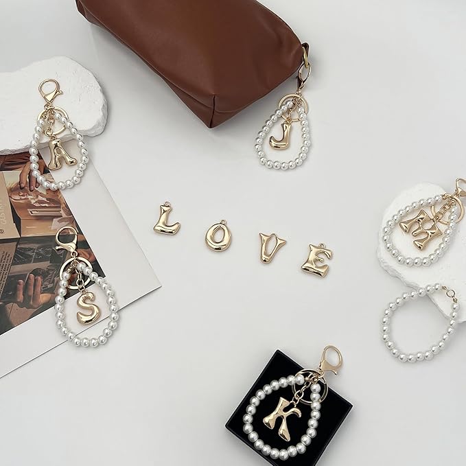 Gold Bubble Heart, Cherry, Bow & More Designs Letter Initial Keychain Bag Charms – Cute Purse Charms for Handbags
