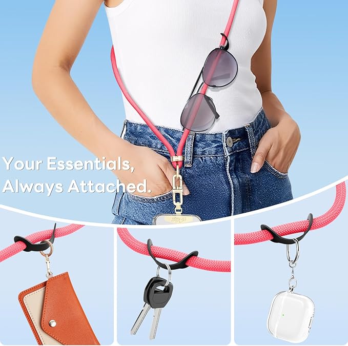 Adjustable Anti-Theft Phone Lanyard - 8mm Mountain Climbing Rope Neck & Crossbody Strap with Secure Locking Metal Clip - Rugged Outdoor Design for Smartphones (Rose Red)