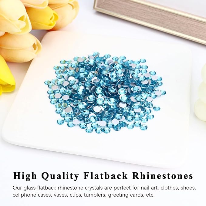 288PCS SS30 Crystal Glass Flatback Rhinestones, Round Flat Back Crystal Gems for Nail Art and Craft Clothes, Glue Fix Diamond Stones Aquamarine/Lake Blue (6.4-6.6mm)