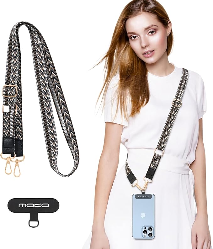 MoKo Universal Phone Lanyard, Braided Adjustable Cell Phone Crossbody Strap Detachable Women & Men Cellphone Lanyards Around The Neck with Patches for iPhone, Most Smartphones, Black & Gray