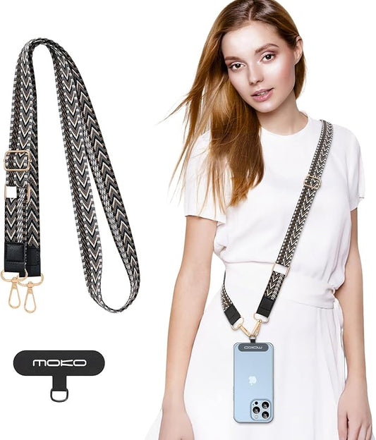 MoKo Universal Phone Lanyard, Braided Adjustable Cell Phone Crossbody Strap Detachable Women & Men Cellphone Lanyards Around The Neck with Patches for iPhone, Most Smartphones, Black & Gray