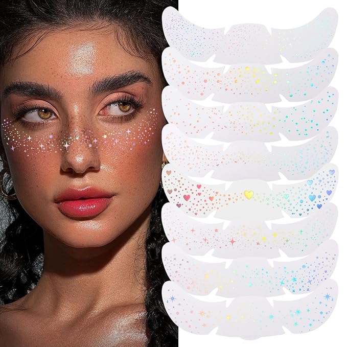 8Pcs Face Makeup Patches, Glitter Freckles Face Tattoo for Teenagers & Young Women, Sparkle Freckles Makeup Patches, Waterproof Face Glitter Freckles for Christmas (8Pcs Holographic Multicolor)
