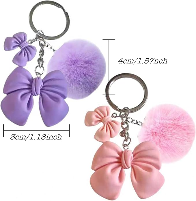 2 Pcs Cute Plush Keychain Artificial Fur Ball Keychains Fluffy Pendant Car Bag Charm, Pink Bow Pom Pom Keychain Soft Lovely Backpack Keyring for Women's Keyrings & Keychains