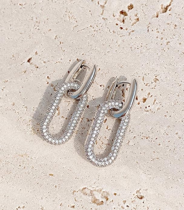 OZEL 14K Gold & Silver Plated Paperclip Chain Earrings with Cubic Zirconia – Dangle, Hoop, Huggie, Stud Styles – Women’s Fashion Jewelry Gift