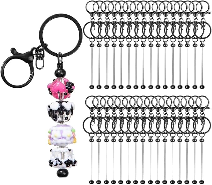 30pcs Beadable Keychains keychain bulk kit cute blank bead keychain strip DIY men's and women's making supplies crafts, jewelry, bag accessories, customized project gifts (Black)