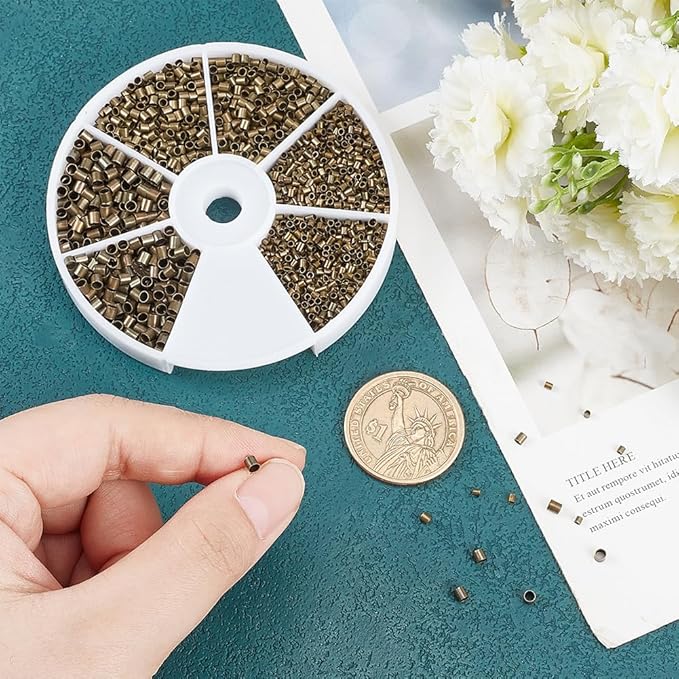 PH PandaHall 3000pcs Tube Crimp Beads 1.5mm 2mm 2.5mm Cord End Caps Brass Tube Crimp End Spacer Beads Loose Stopper Beads for Earring Bracelet Necklace Pendant DIY Jewelry Making, Antique Bronze