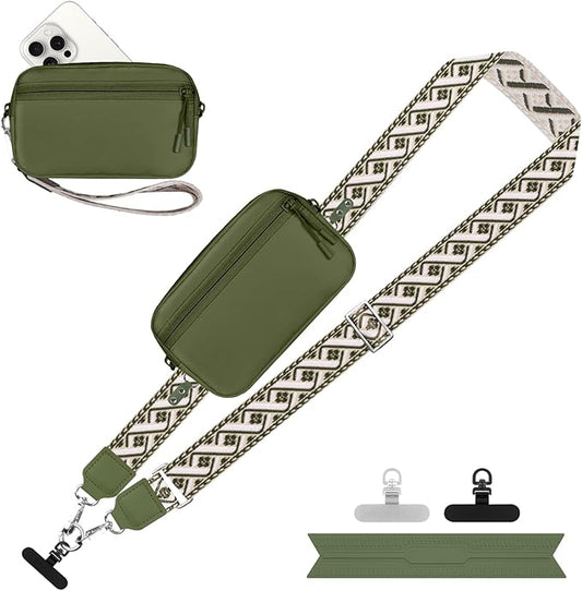 Clip and Go Strap for Phone with Wallet Crossbody, Adjustable Phone Lanyard with Detachable RFID Wristlet Wallet, Pattern Strap - Olive Green(L)