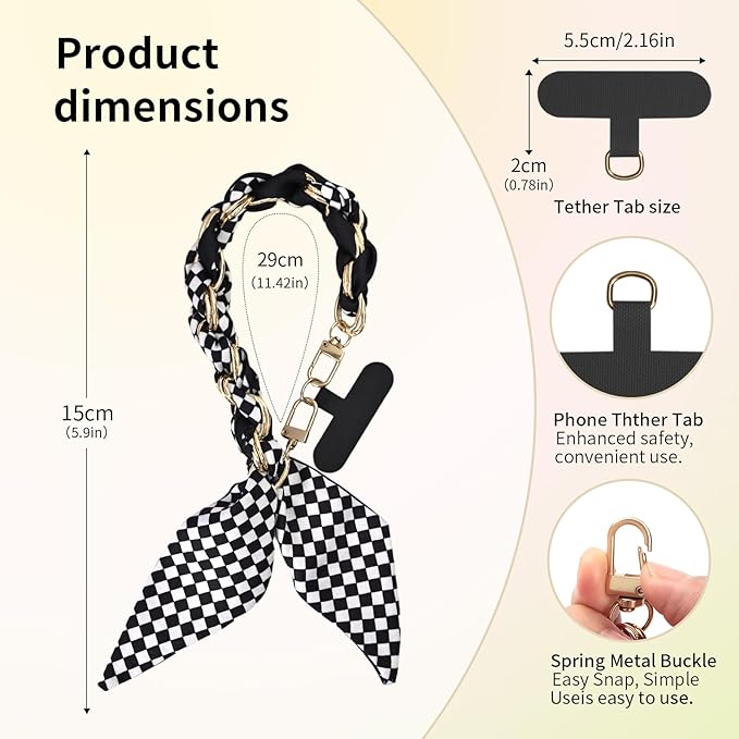 Fycyko Phone Wrist Strap with Gold Metal Scarf and Universal Tether Tab, Aesthetic Print Design Ribbon Chain, Multi-Purpose Accessories for Bag Key Cellphone for Men Women Girls-Black Checkerboard