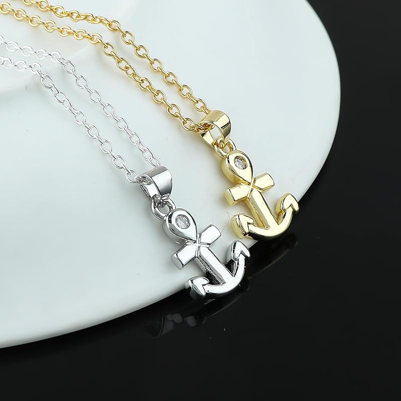 JOR Anchor Charm Pendant Necklace, CZ, Relationship Goal, Women Jewelry, Dainty Gold & Silver Plated Combo Chain 18 inch (Pack of 2)