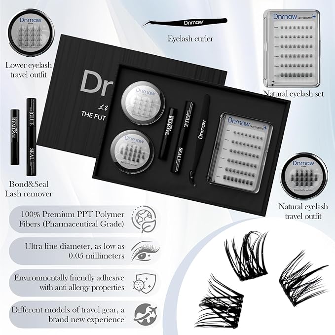 Dnrnaw Lash Clusters Kit for Sensitive Eyes - Salon-Quality DIY Eyelash Extensions, Waterproof & Hypoallergenic, | Includes 8-16mm Wispy & Fluffy Clusters, Adhesive, Seal, Tools (Natural-(black box)