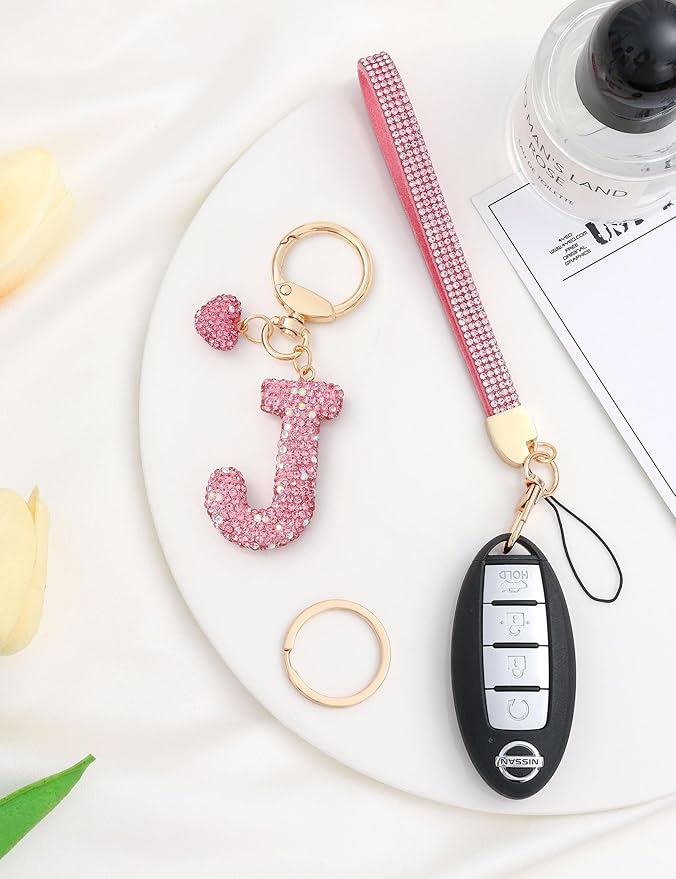 Initial Keychain for Women Girls,Bling Letter Key chain Initial with Heart,Pink Keychain Charms for Backpack Handbag