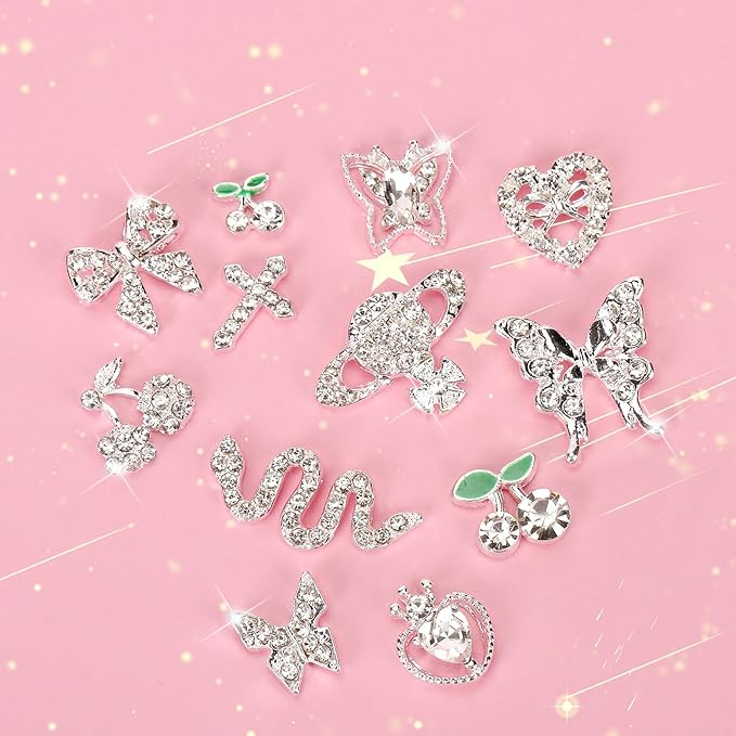 24PCS Nail Charms Y2k Alloy Nail Art Rhinestone Charms 3D Heart Bow Butterfly Charm with Rhinestones Cherry Nail Gems Shiny Jewelry Nail Decorations Accessories Supplies (SS)